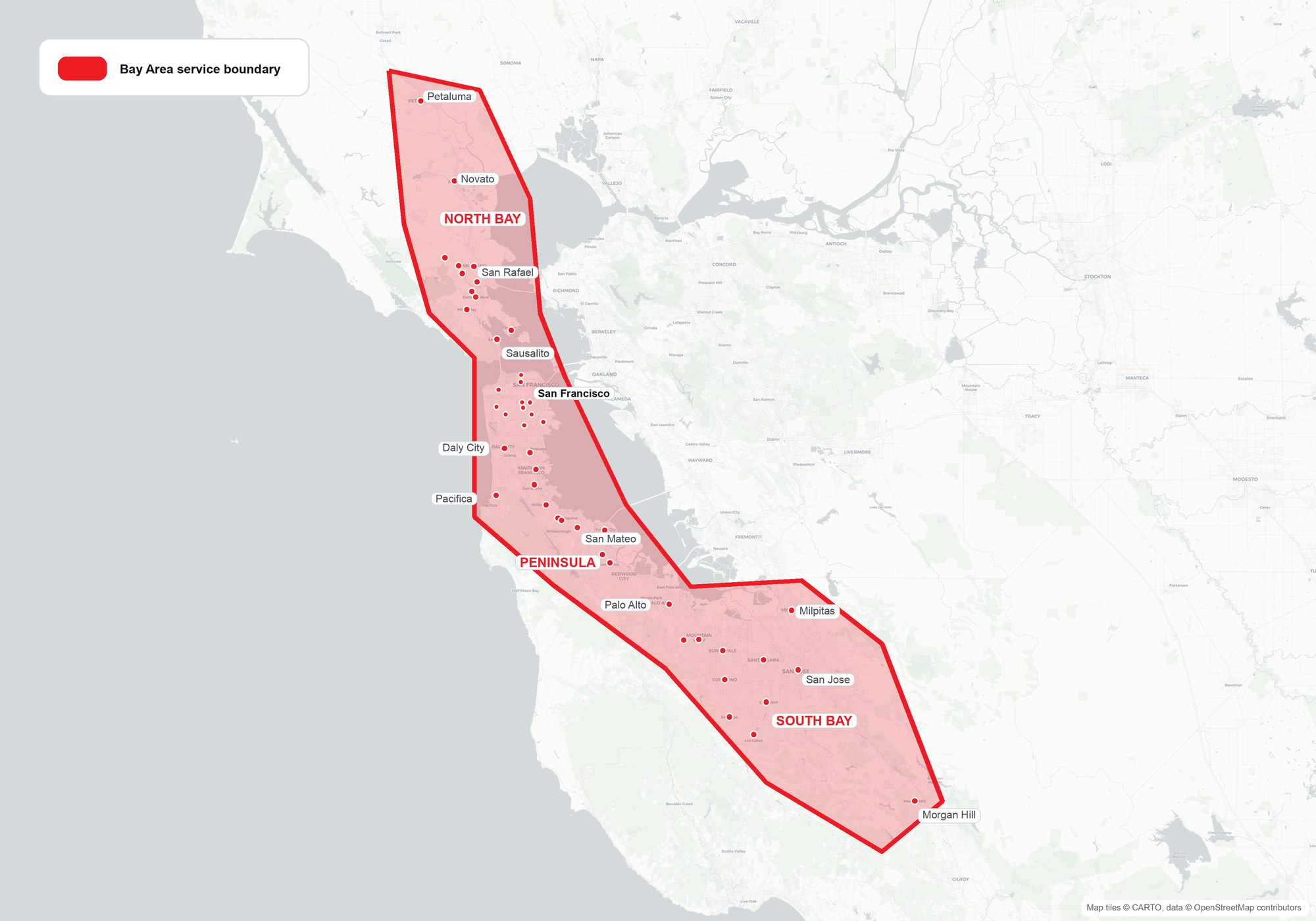 Map of Smelly Mel's Bay Area service boundary, covering the North Bay, San Francisco, the Peninsula, and the South Bay from Petaluma to Morgan Hill